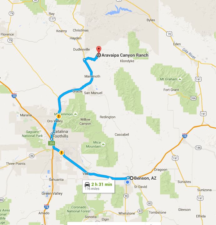 Map of the drive to Aravaipa Trailhead
